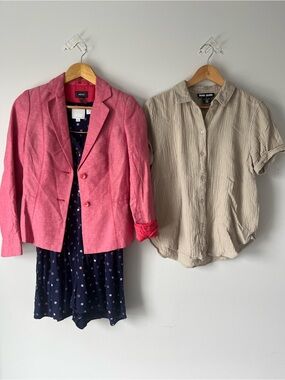 3-PC Linen Outfit Set | Rose-Pink Blazer Navy Romper Cotton Blouse | Size S |